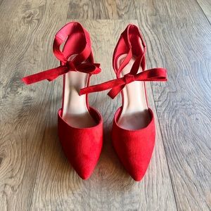 Womens High Heel Pointed Toe Pumps Ankle Tie Classic Suede Dress Party Shoes